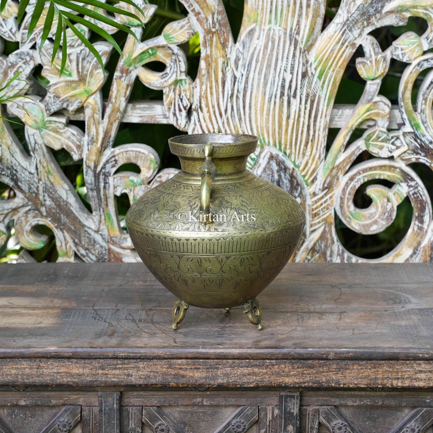 Brass Vintage Carved Planter with Peacock Handles 10"