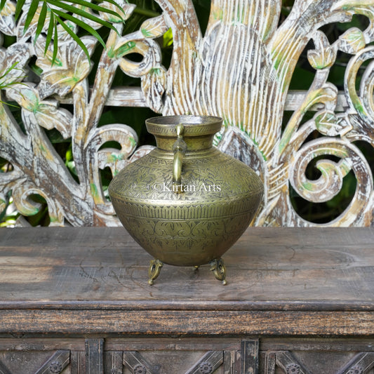 Brass Vintage Carved Planter with Peacock Handles 10"