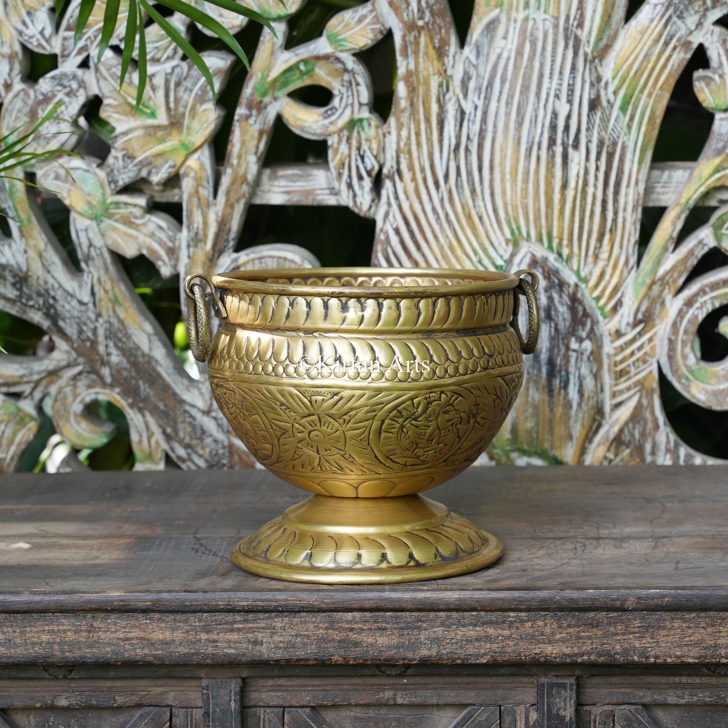 Brass Vintage Carved Pedestal Bowl Planter 8" | Lightweight
