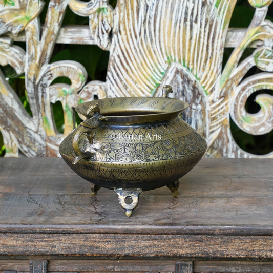 Brass Vintage Carved Bowl Planter with Peacock Handles 7"