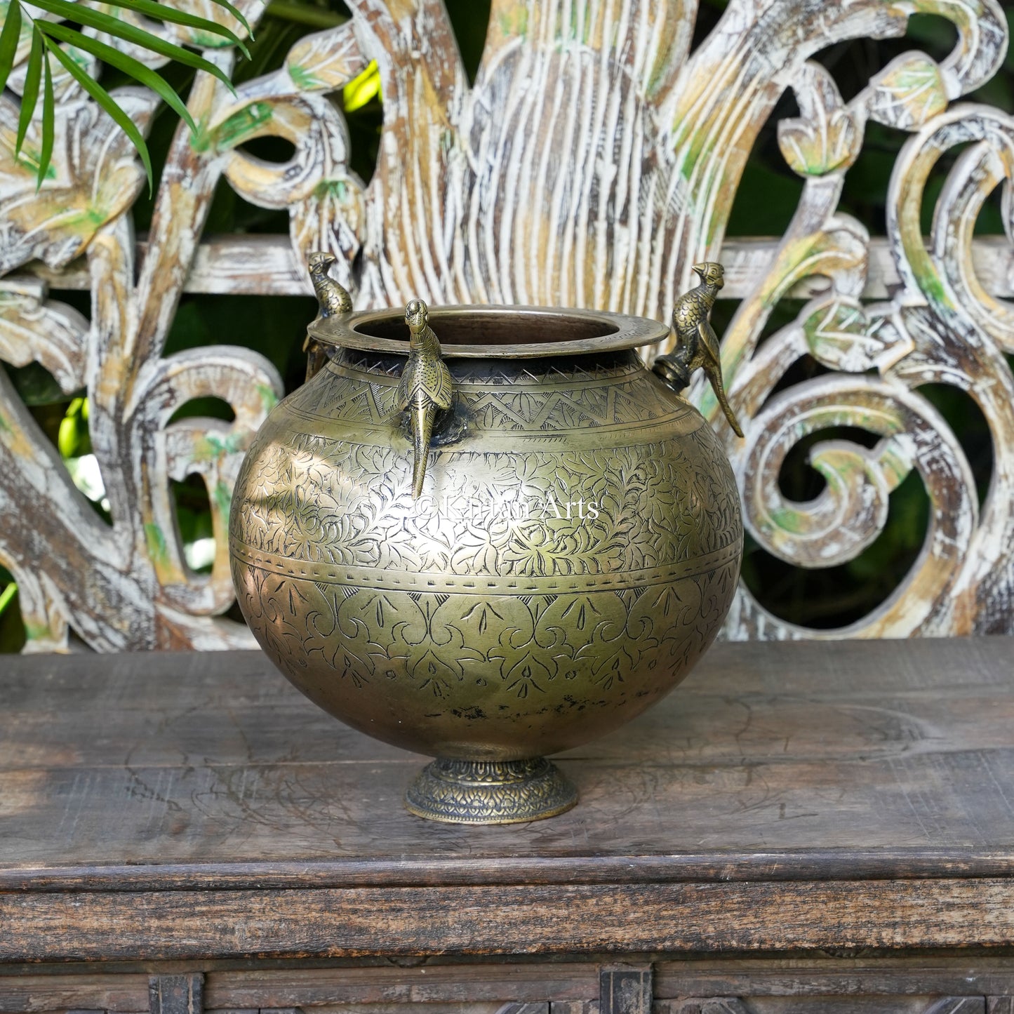 Brass Vintage Carved Globe Planter with Peacock Figures 11"