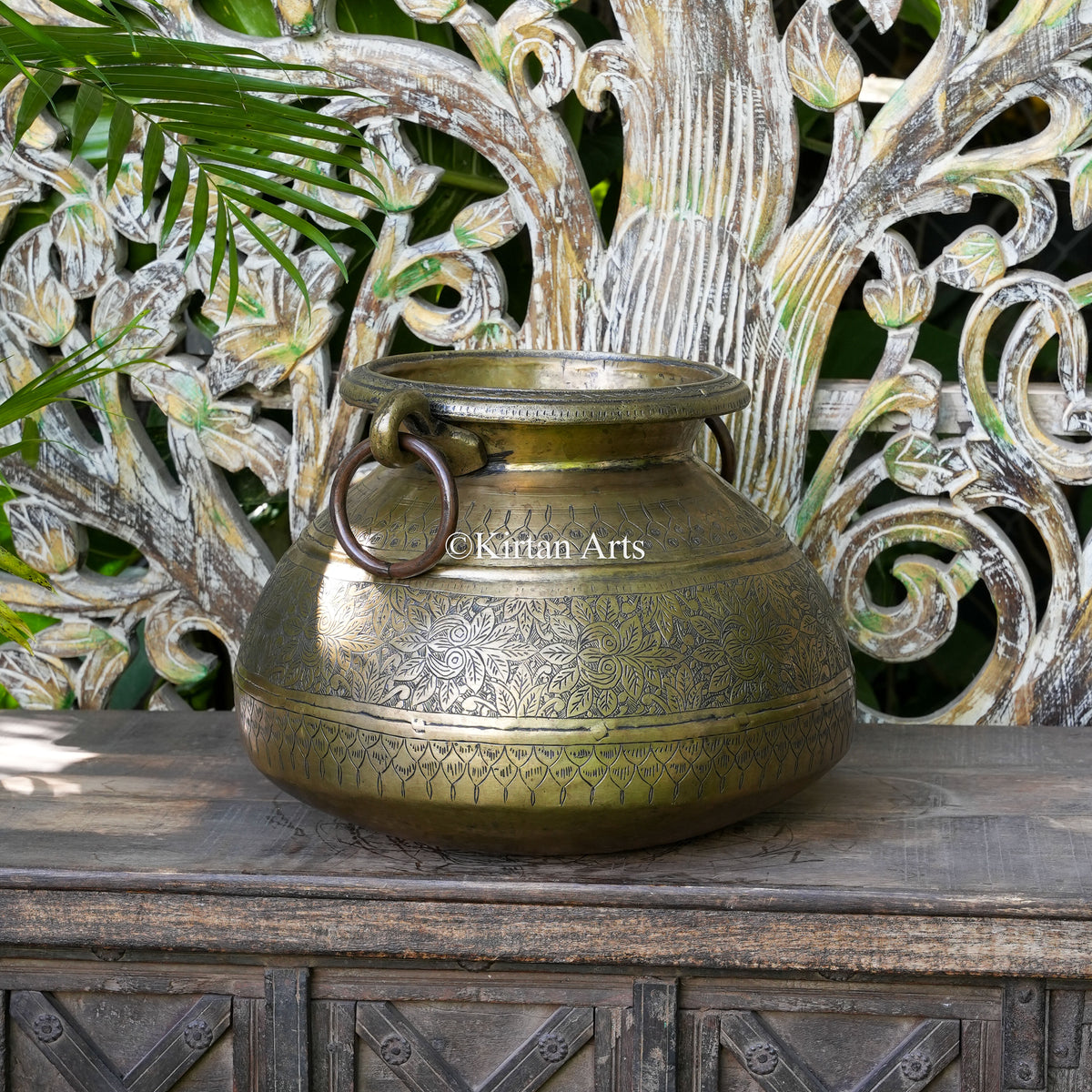 Brass Vintage Carved Handi Planter with Ring Handles 12"