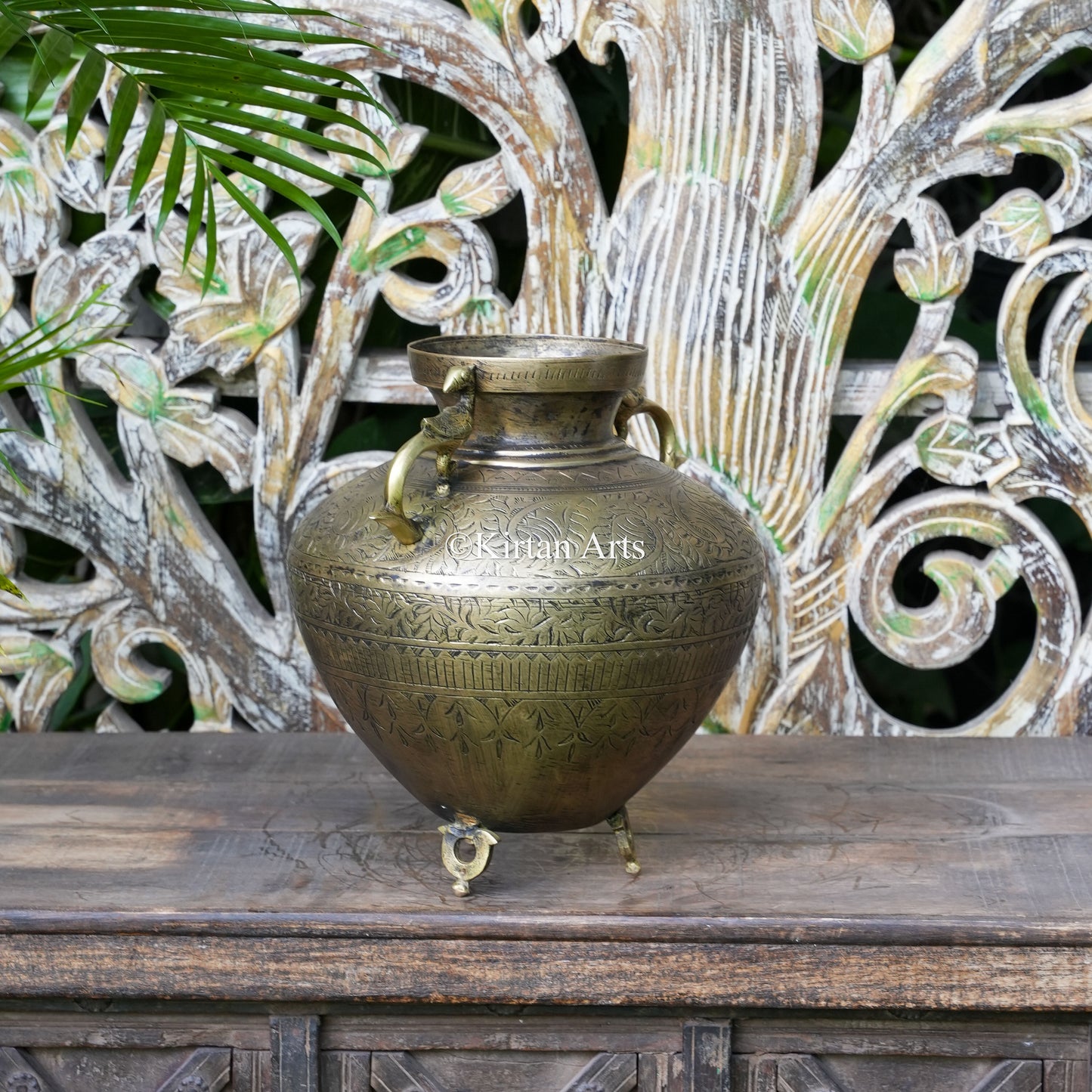 Brass Vintage Carved Planter with Peacock Handles 12"