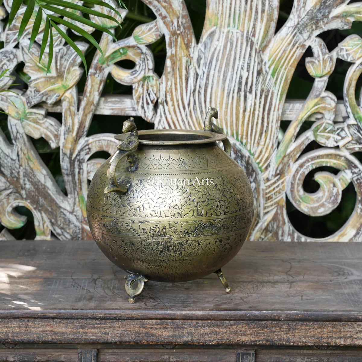 Brass Vintage Carved Pot with Peacock Figures 11"