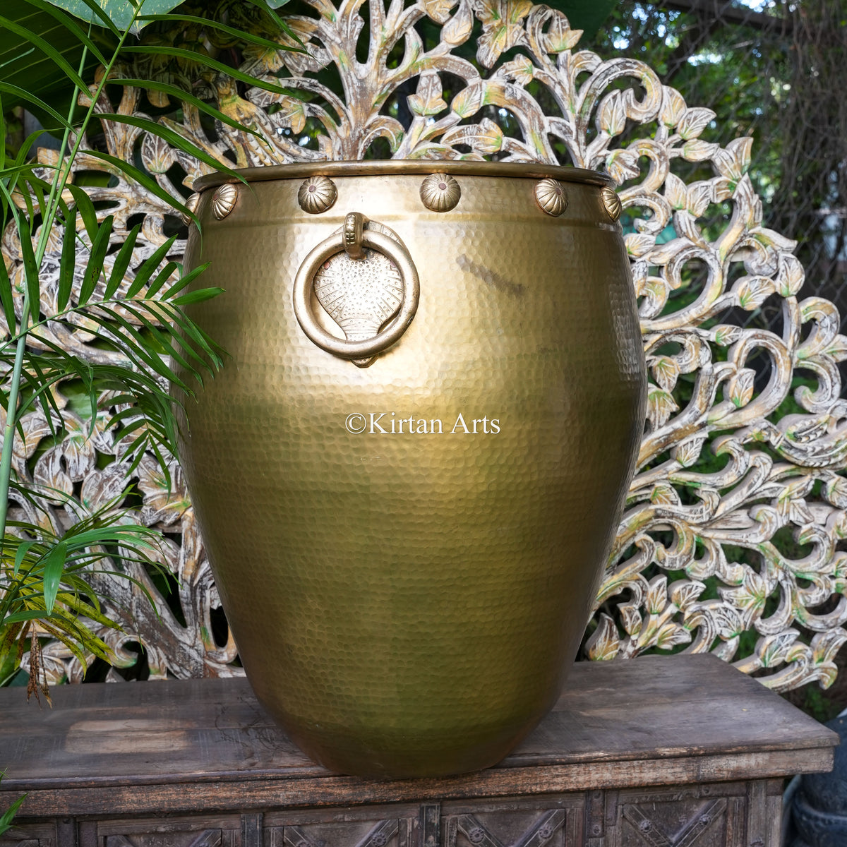 Large Hammered Brass Planter with Rosette Studs and Ring Handles 29"