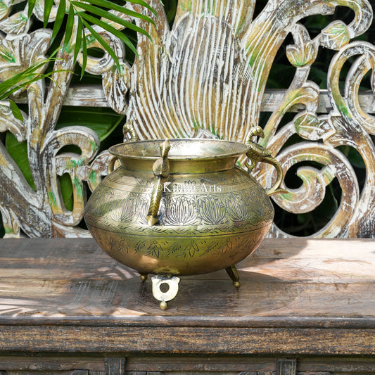 Hand-Engraved Brass Cauldron Pot with Peacock Handles 9"