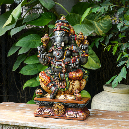 24" Hand-Carved Vagai Wood Lord Ganesha Sculpture (Dark Patina)