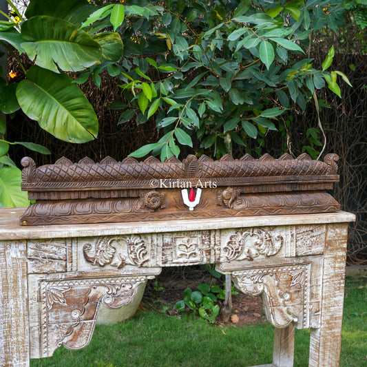 42" Hand-Carved Temple Gopuram Crest with Vaishnava Symbols (Antique Finish)
