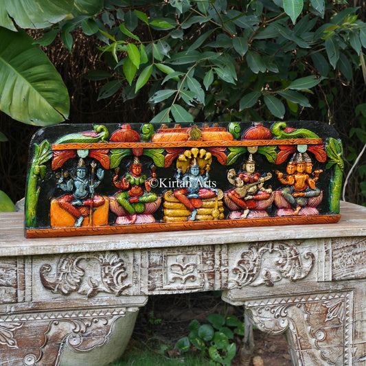 30" Hand-Carved Pancha Deva / Deities Temple Lintel Panel
