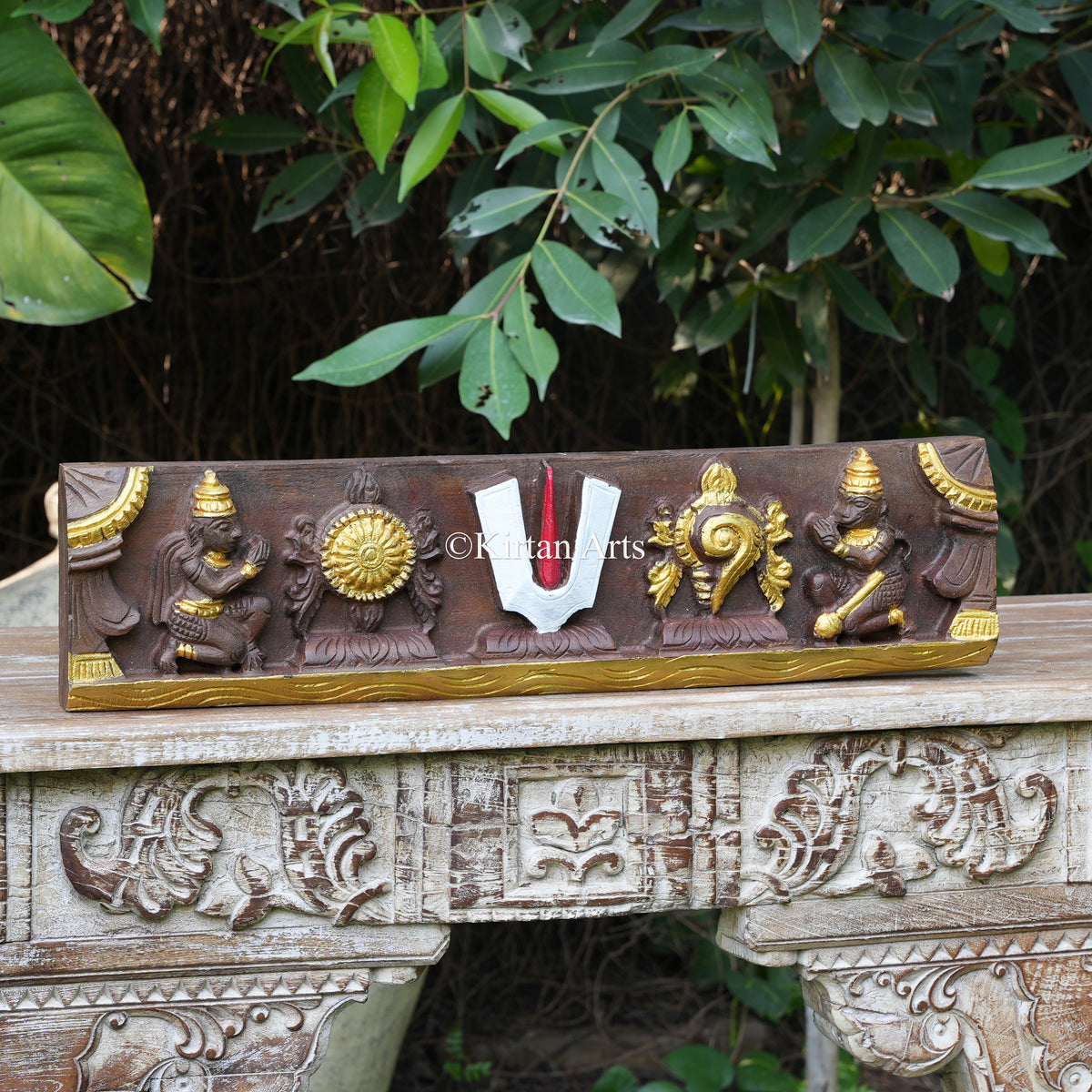 24" Hand-Carved Vaishnava Symbols & Garuda Hanuman Lintel Panel