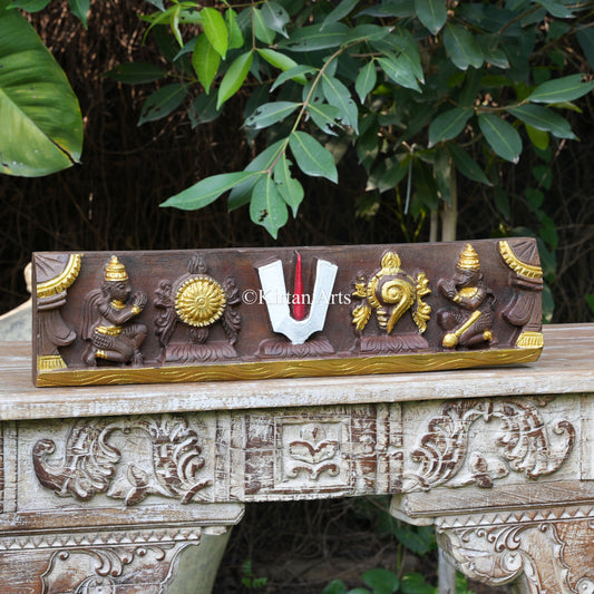24" Hand-Carved Vaishnava Symbols & Garuda Hanuman Lintel Panel