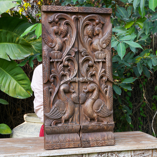 30" Hand-Carved Peacock Door Jamb Panels (Pair - Antique Finish)