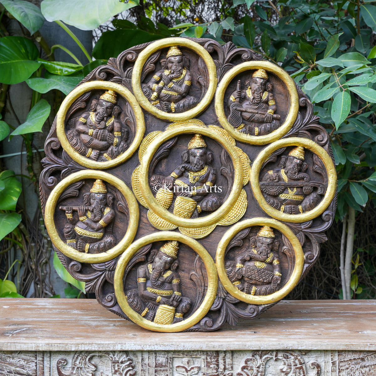 30" Hand-Carved Wooden Ashta Ganesha Circular Wall Medallion