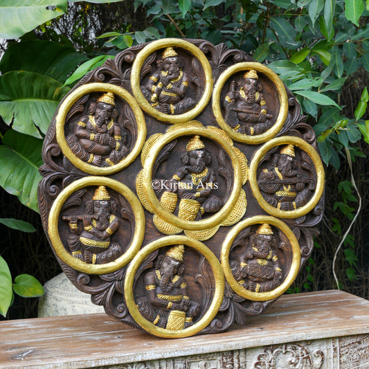 30" Hand-Carved Wooden Ashta Ganesha Circular Wall Medallion