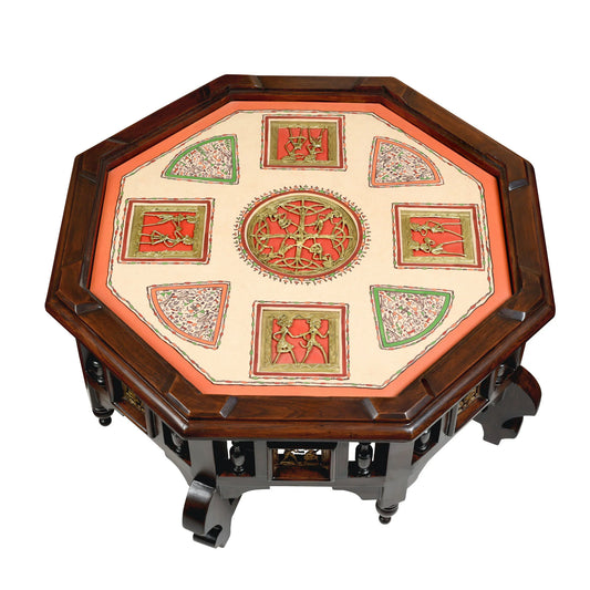 Elba Solid Teakwood Octagonal Coffee Table – 24-Inch Traditional Walnut Finish Center Table with Dhokra Metalcraft and Hand-Painted Art