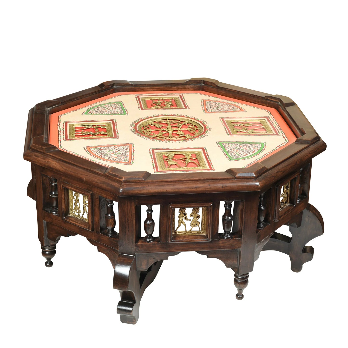 Elba Solid Teakwood Octagonal Coffee Table – 24-Inch Traditional Walnut Finish Center Table with Dhokra Metalcraft and Hand-Painted Art