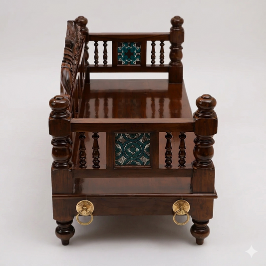 5ft Hand-Carved Teakwood Jhula Seat with Peacock Crest and Floral Tiles