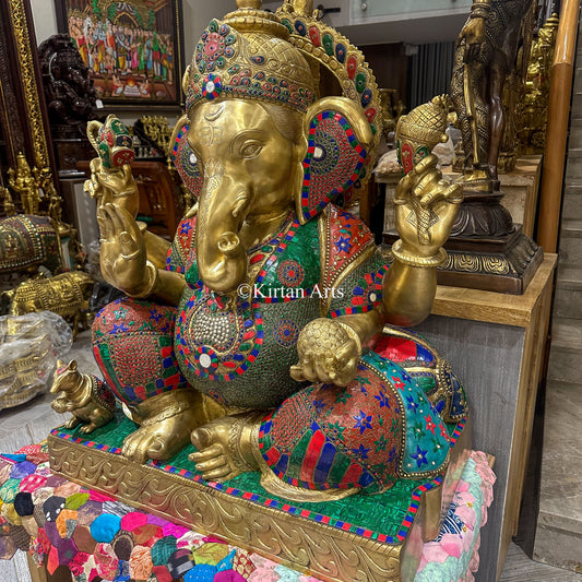 Large Brass Lord Ganesha Statue 33" | Meenakari Stonework