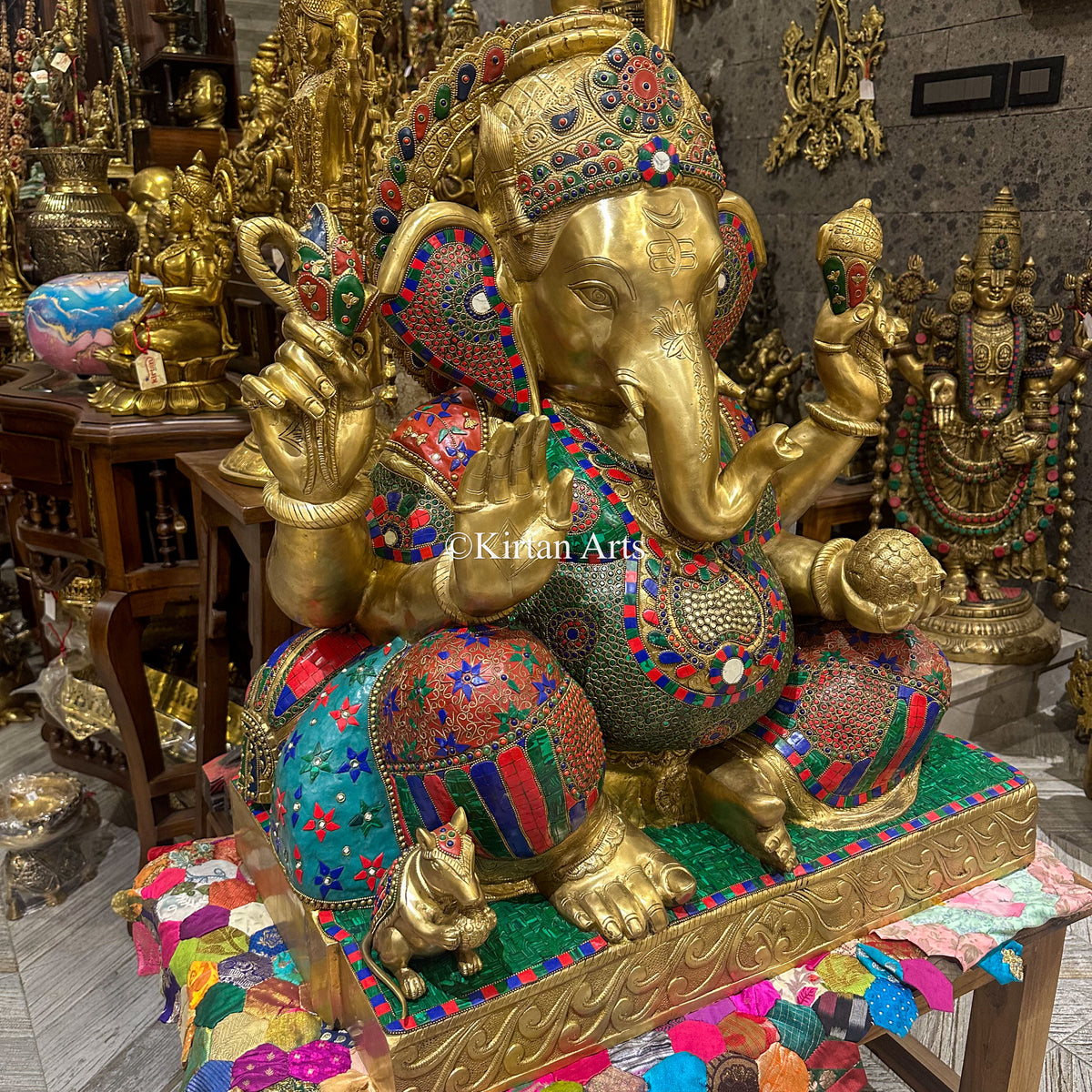 Large Brass Lord Ganesha Statue 33" | Meenakari Stonework