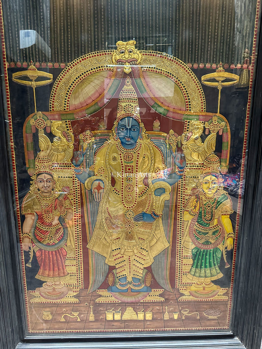 Lord Vishnu w Sridevi and Bhudevi Tanjore Painting | Antique Finish | 6x4ft | 22k Gold