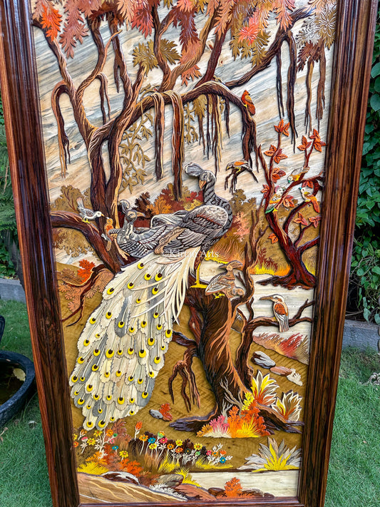 Embossed Rosewood Peacock Art Panel | Wooden Art | 6x3 ft