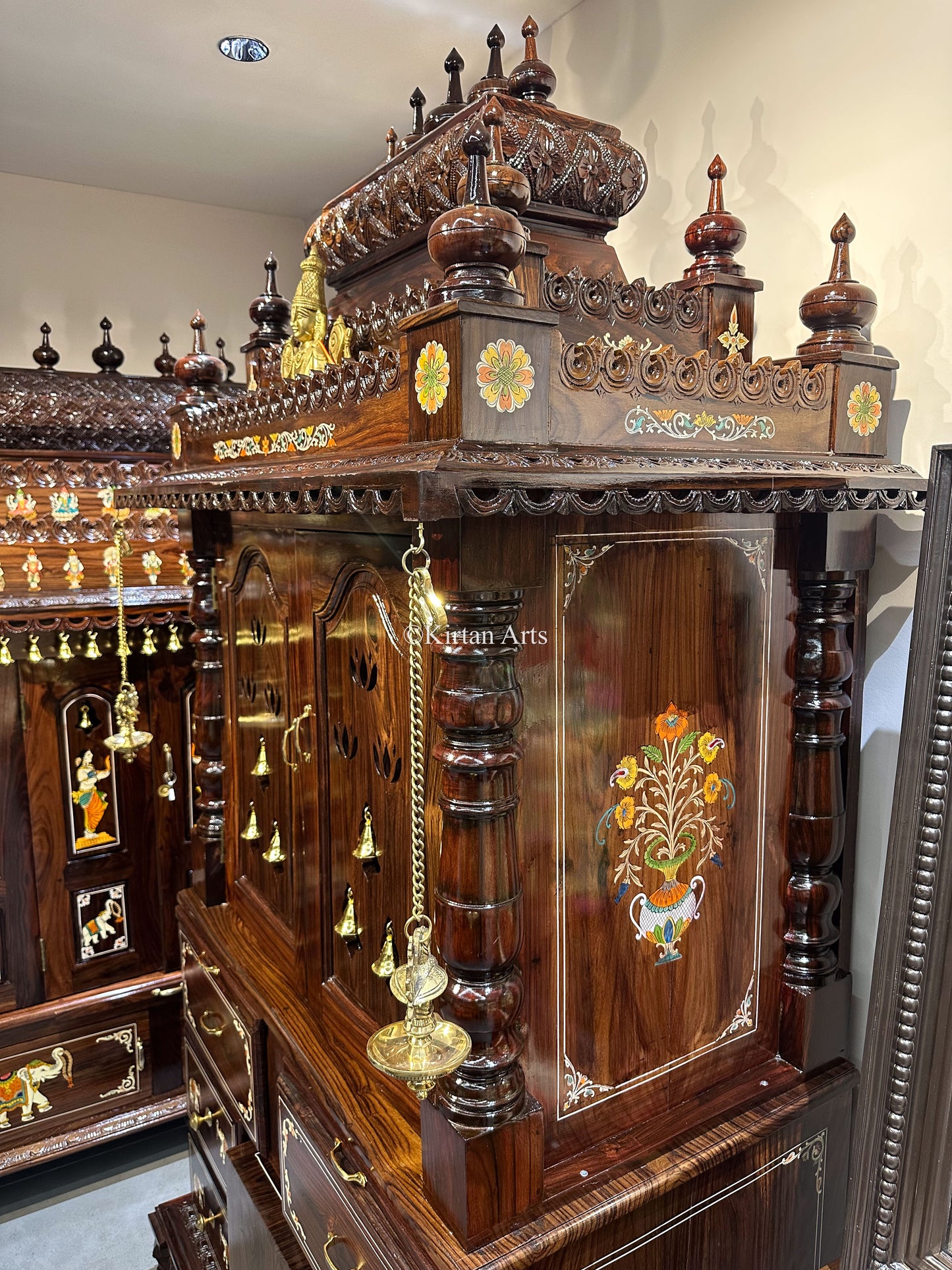 Rosewood Puja Mandir | Cupboard Style | Inbuilt Stool | 90"