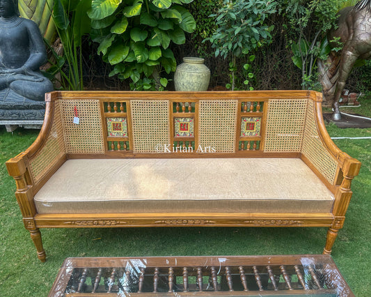 Teakwood Rattan Sofa Set | Dhokra Artwork | 3+1+1 | Orchid