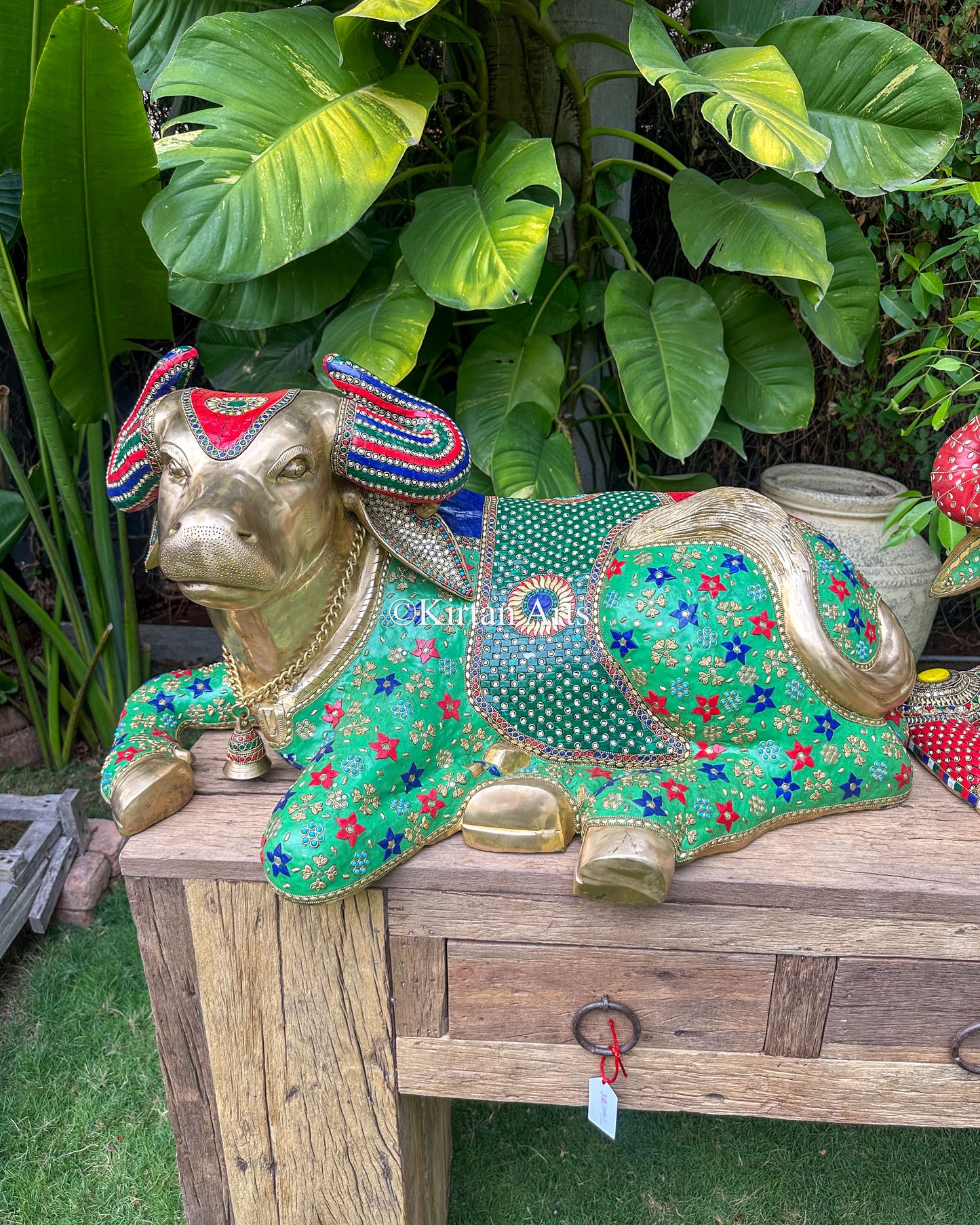 Grand Hand-Finished Brass Nandi Sculpture | 36" | Stonework | Green