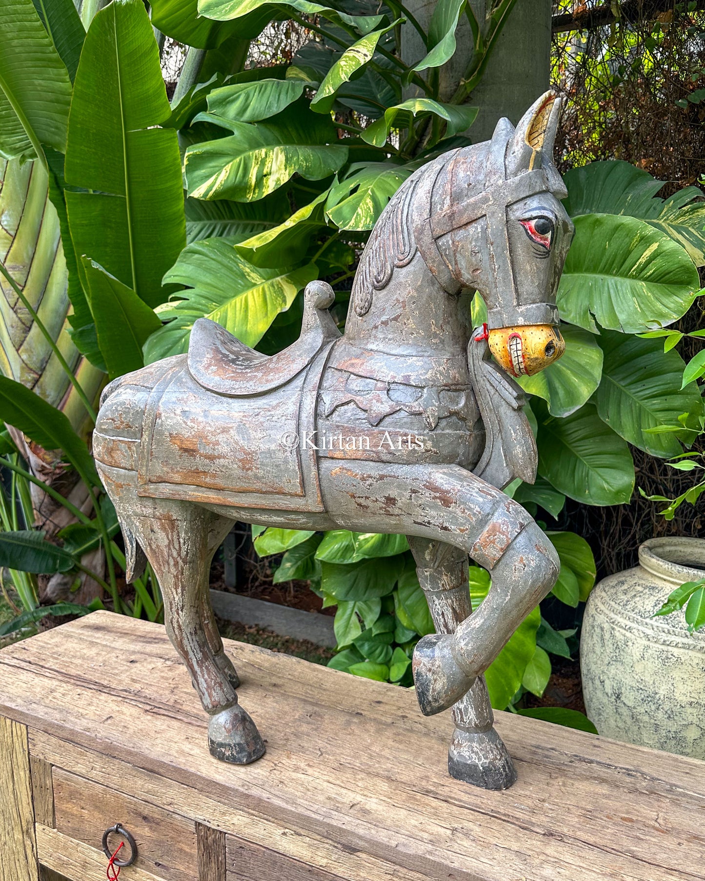 Antique Hand-Carved Wooden Standing Horse | Distress Finish