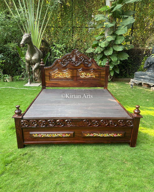 Hand Carved Rosewood King Bed | Floral Inlay Work | 6.6x6 ft