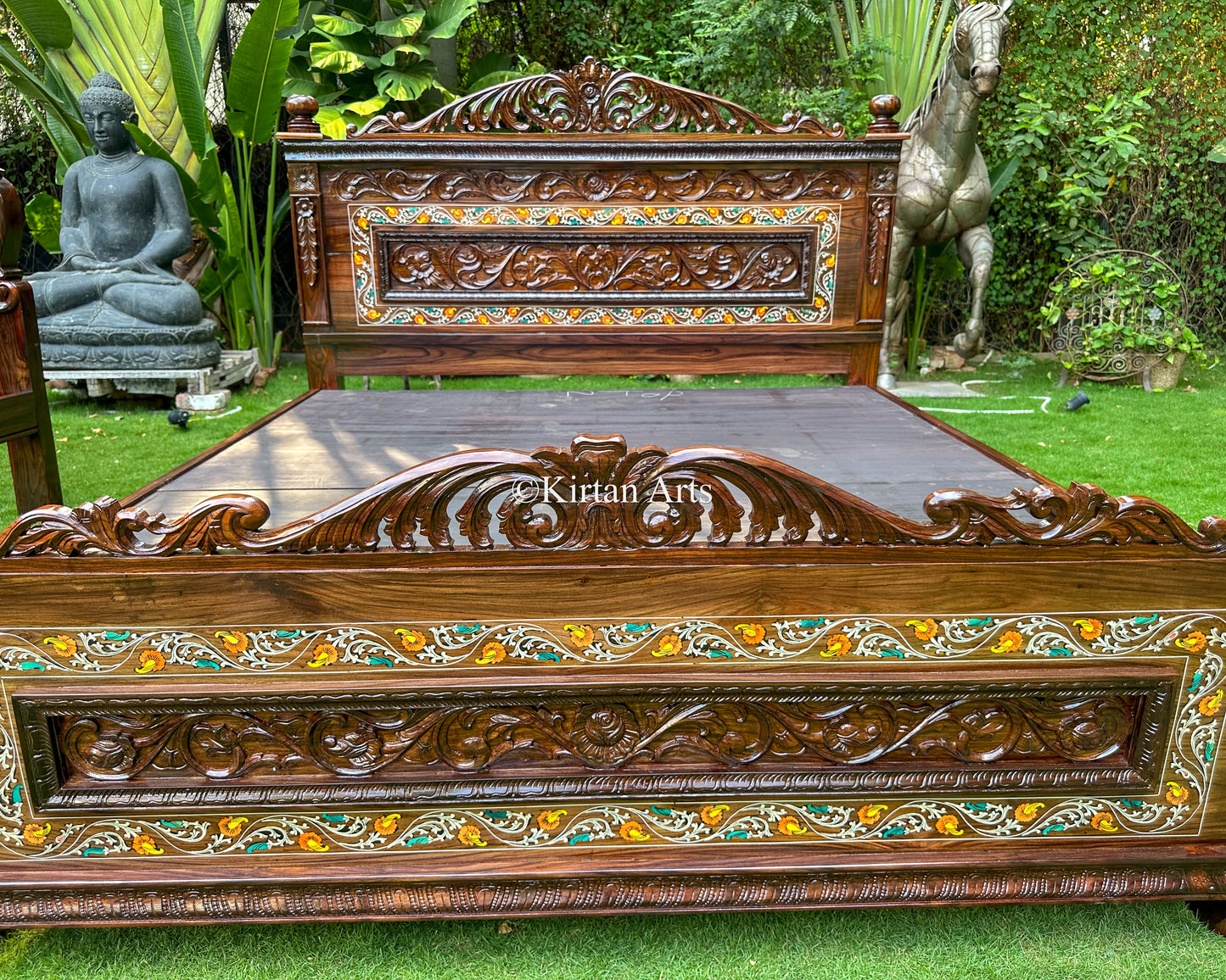 Grand Rosewood King Bed – Intricate Floral Inlay & Deep-Relief Hand Carving | 6.6x6 ft