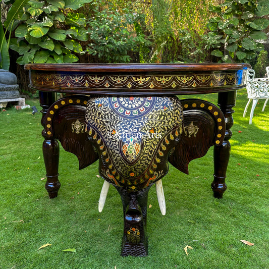 46" Rosewood Elephant Console Table w Brass Inlay | Mysore Inlay