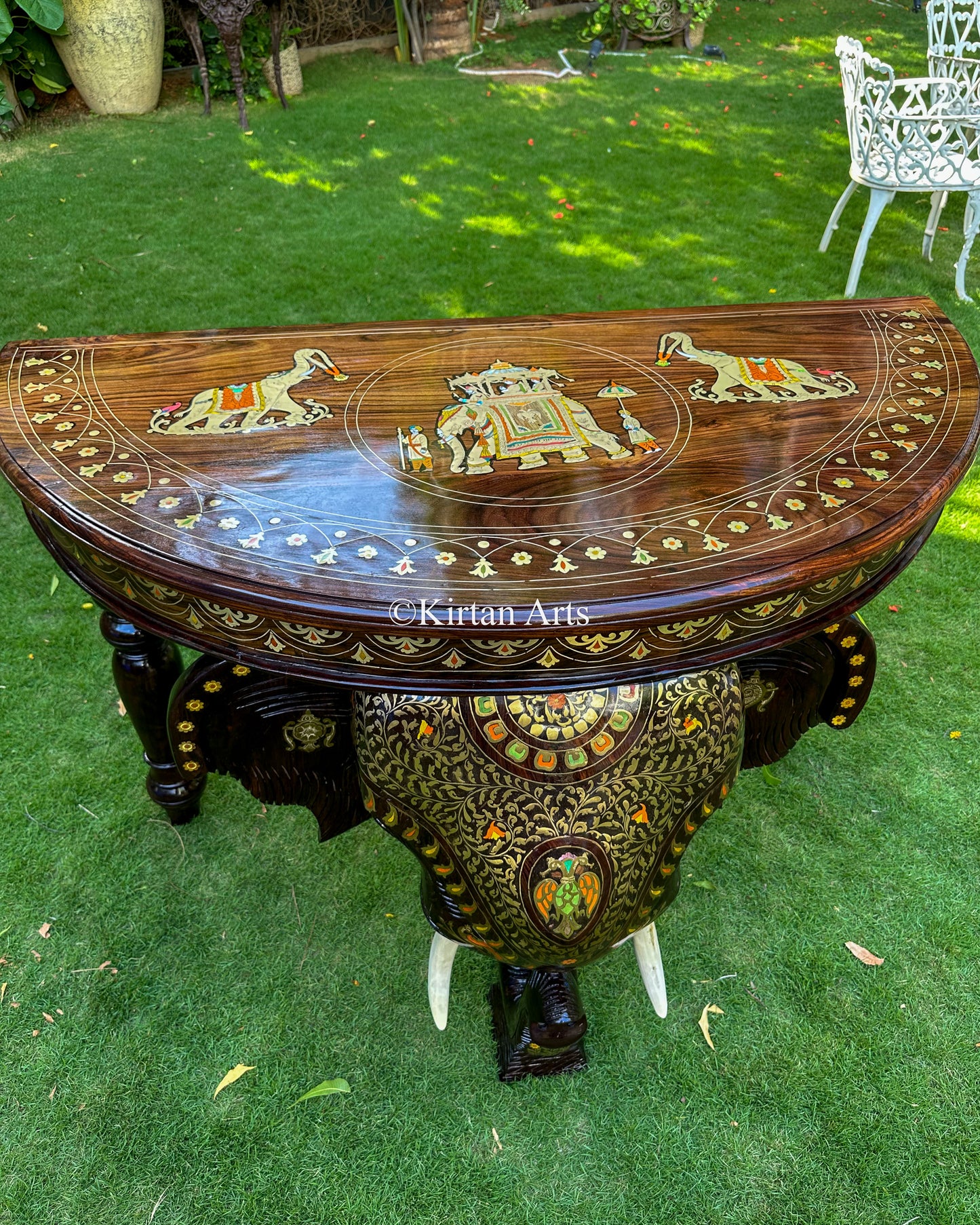 Large Rosewood Elephant Console Table w Brass Inlay | 46"