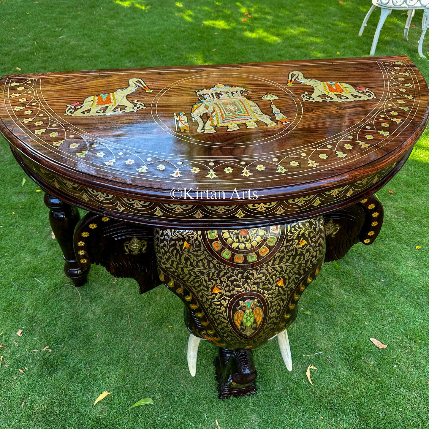 46" Rosewood Elephant Console Table w Brass Inlay | Mysore Inlay