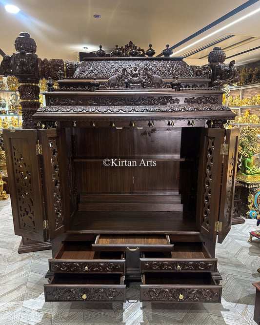 Teakwood Carved Puja Mandir w Doors 80" | Espresso Finish