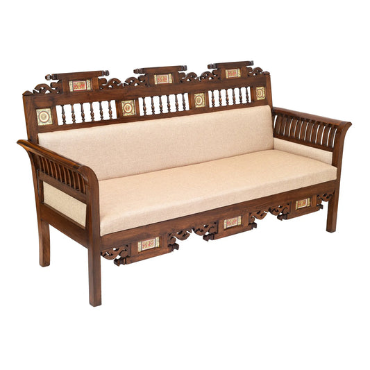 Maharaja Three-Seater Premium Teakwood Sofa – Handcrafted with Dhokra Brass & Madhubani Accents