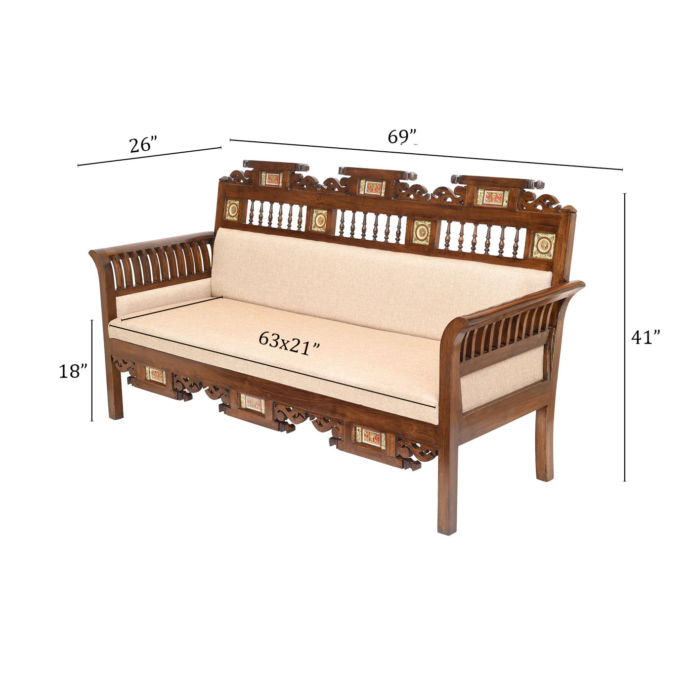 Maharaja Three-Seater Premium Teakwood Sofa – Handcrafted with Dhokra Brass & Madhubani Accents