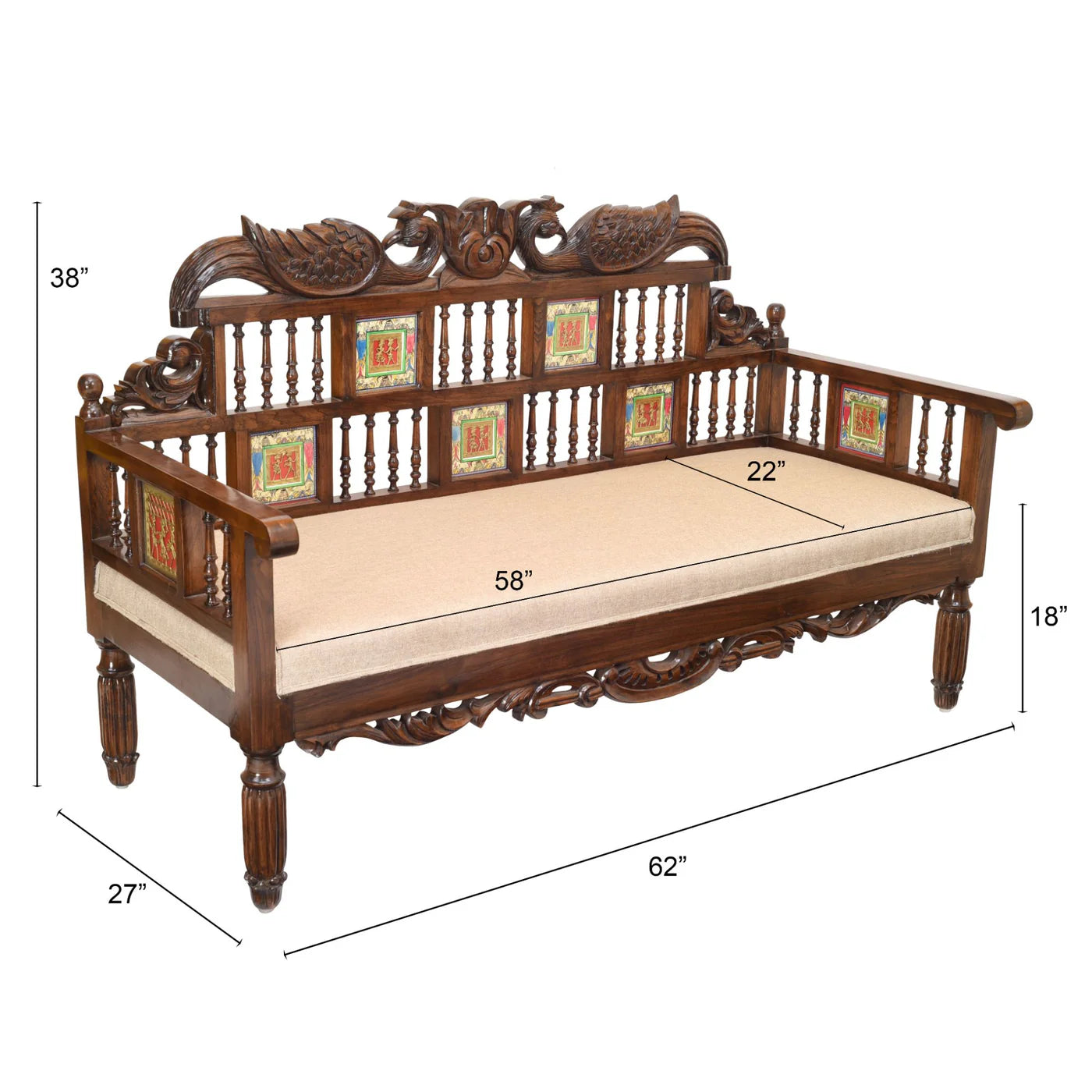 62-Inch Hand-Carved Teakwood Takth – Three-Seater Sofa with Warli & DhokraArt | Mallika