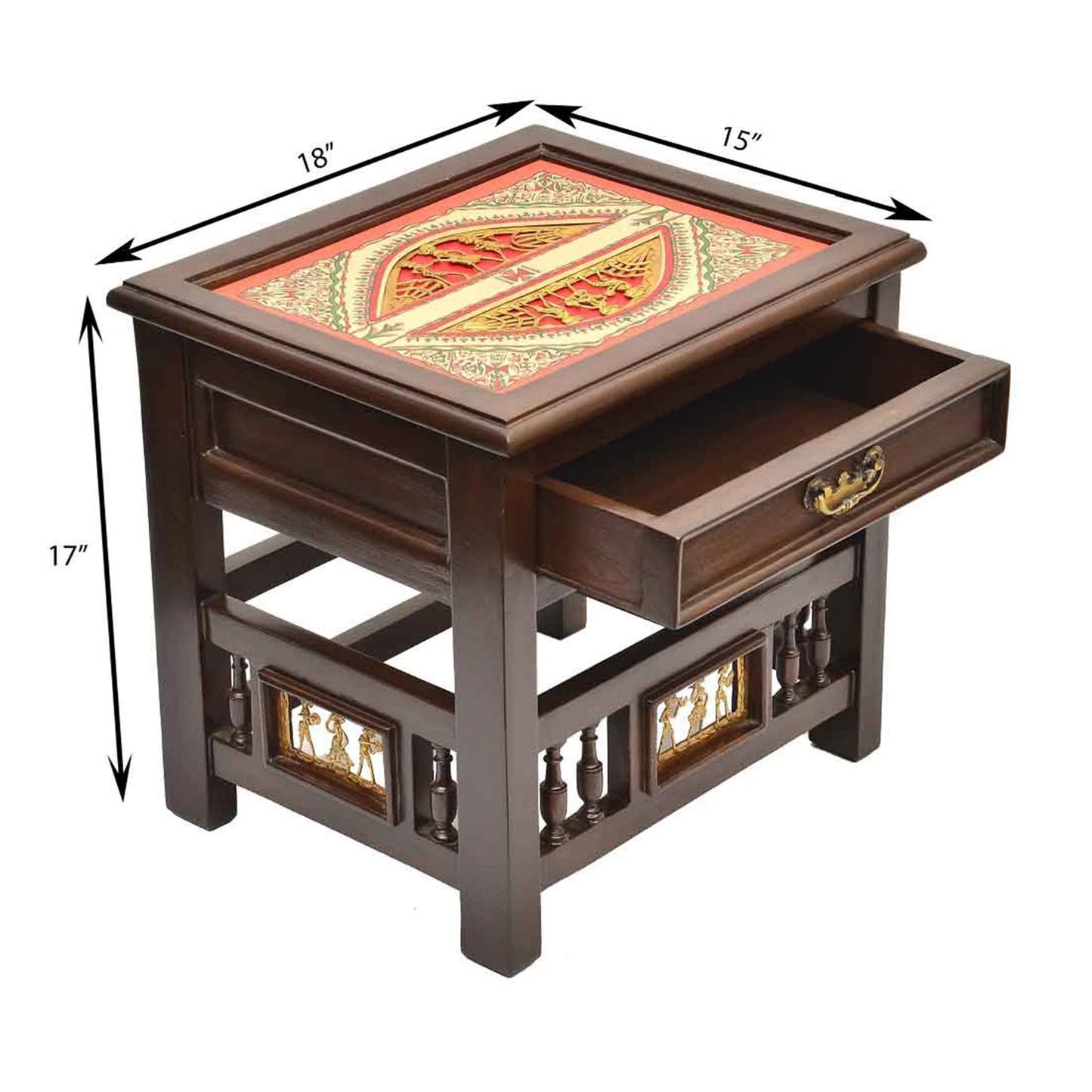 Myra Premium Teakwood Side Table – 18-Inch Accent Table with Drawer, Warli & Dhokra Art