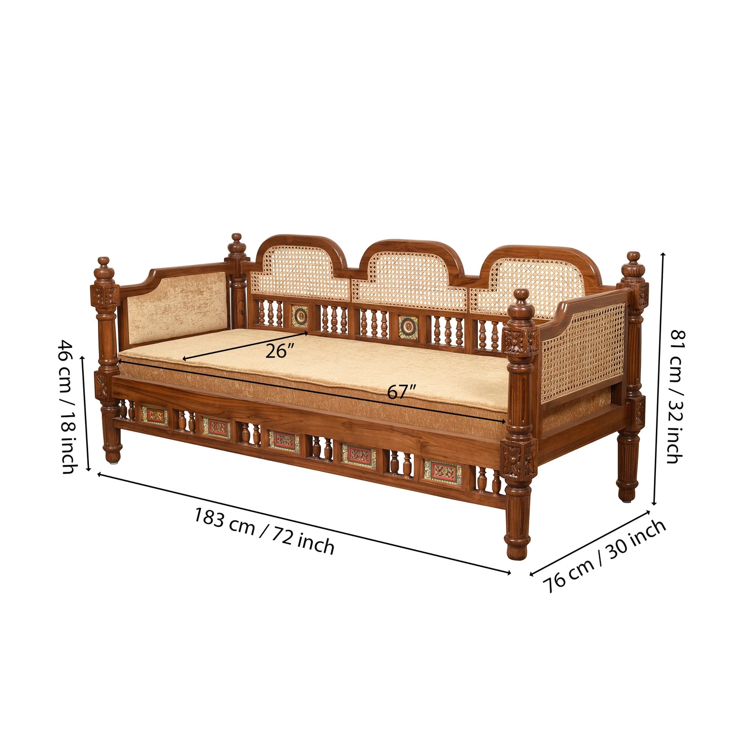 Orchid-II Premium Teakwood 3-Seater Sofa – Natural Cane Backrest & Dhokra Brass Accents