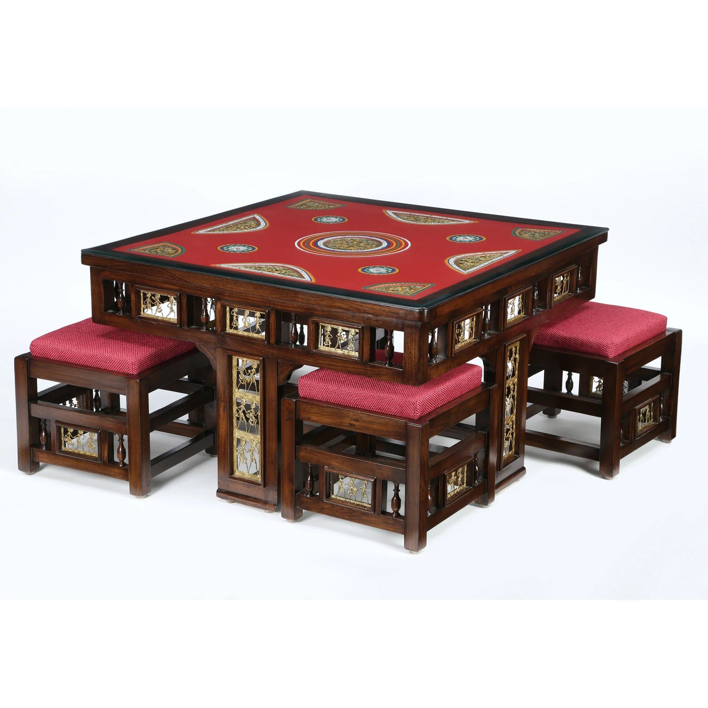 Osho Smart Premium Teakwood 4-Seater Coffee Table Set – 36-Inch Center Table with 4 Hideaway Puffy Stools (Warli & Dhokra Art)