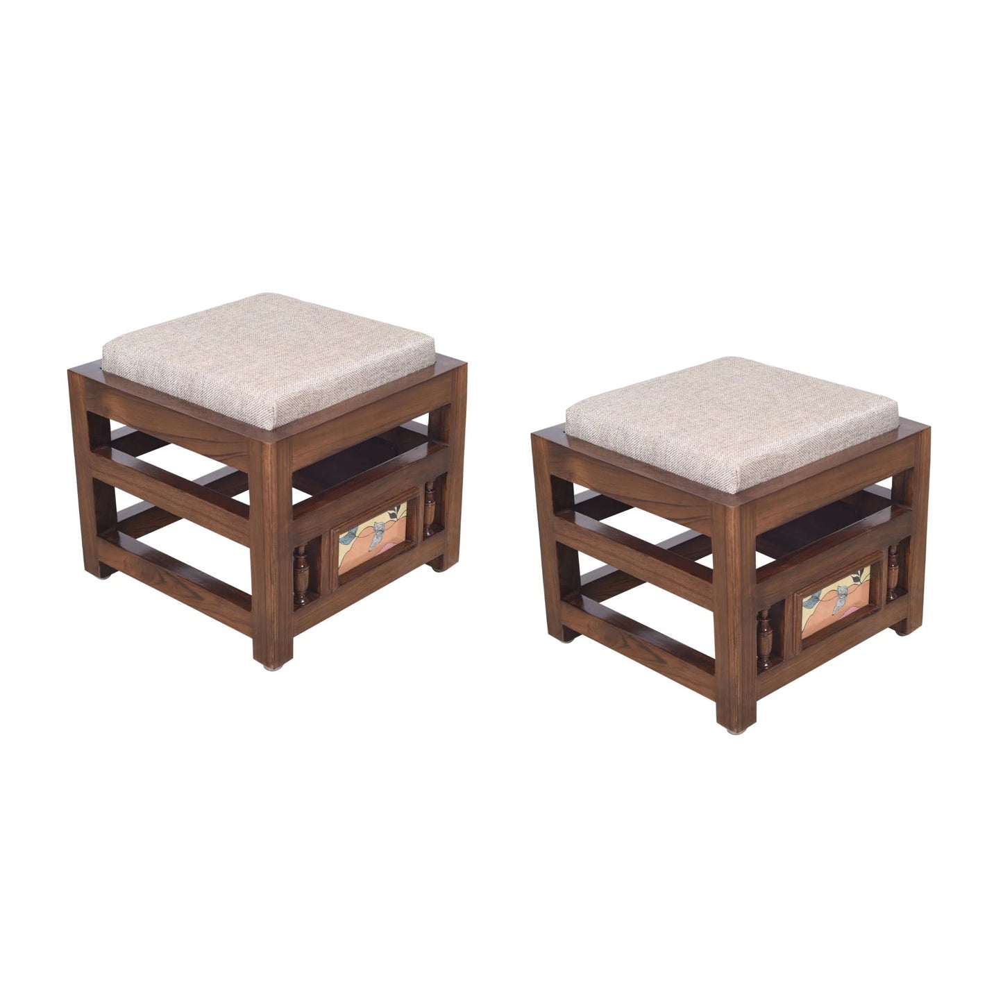 Simona Premium Teakwood 4-Seater Coffee Table Set – 36-Inch Center Table with 4 Hideaway Stools (Warli & Madhubani Multi-Art Collage)