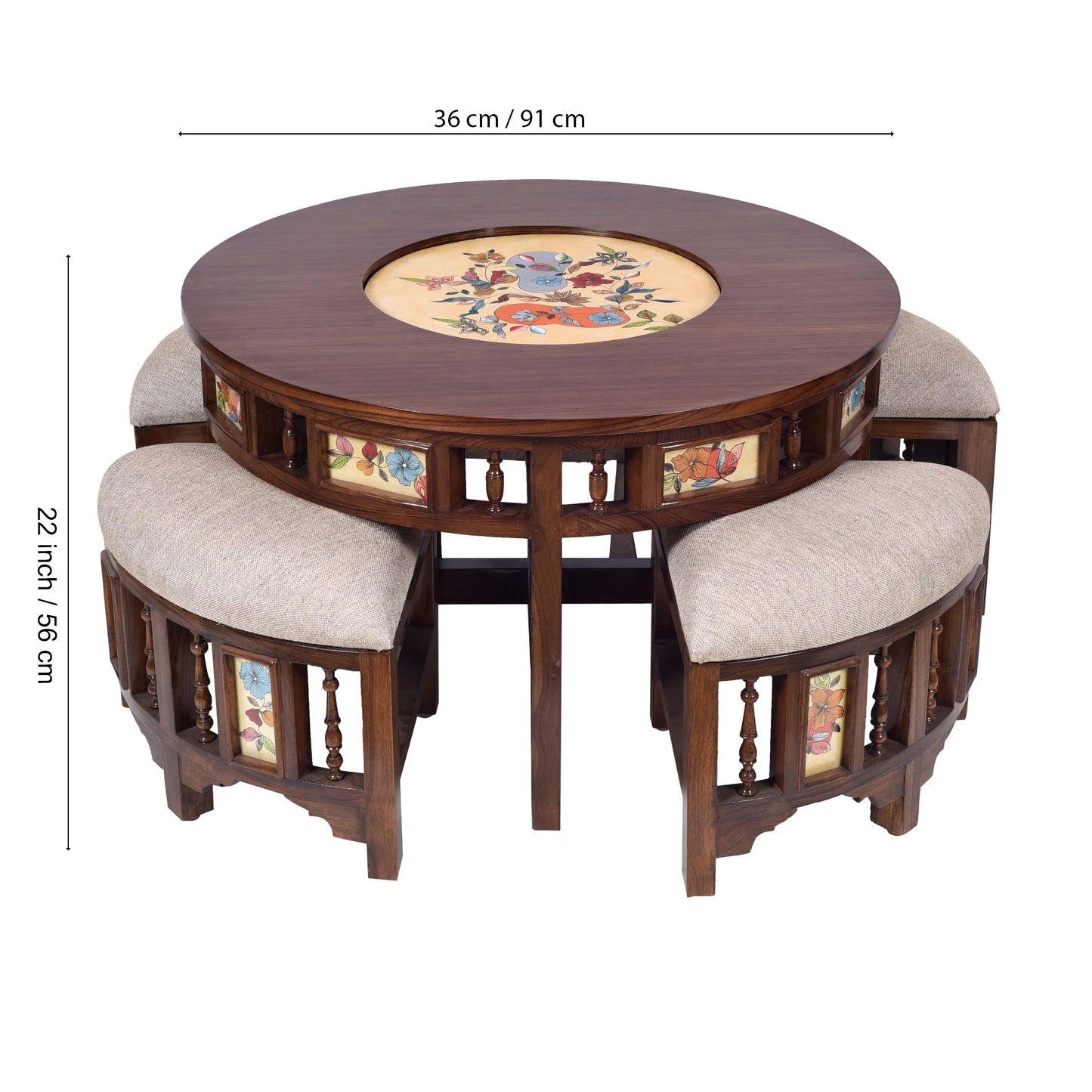 Swan Smart Premium Teakwood 4-Seater Coffee Table Set – Center Table with 4 Hideaway Stools (Warli & Madhubani Multi-Art Collage)