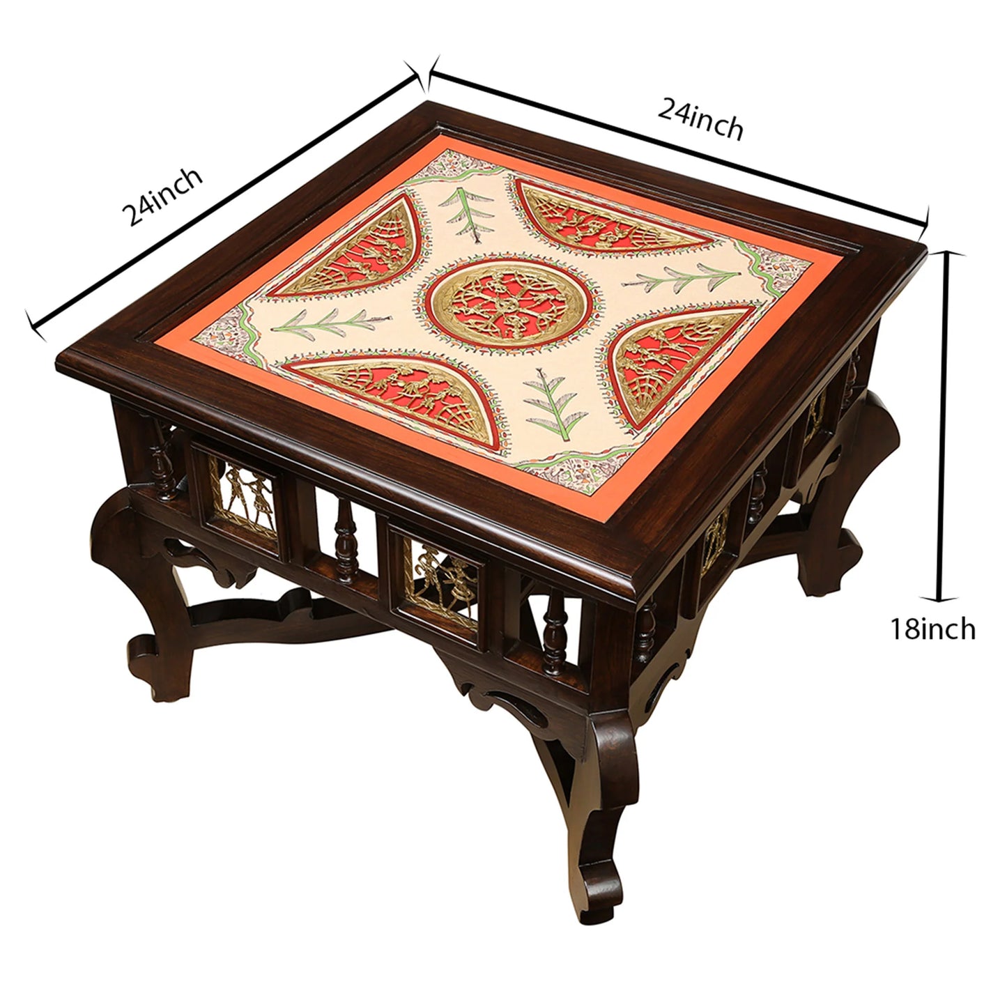 Tamas Premium Teakwood 24-Inch Coffee Table – Square Accent Centerpiece with Warli & Dhokra Art