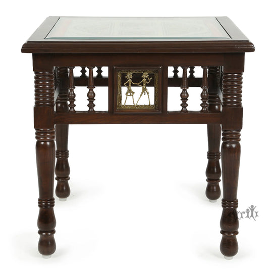 Yuge-III Premium Teakwood 20-Inch Bedside Table – Square Accent Cube with Warli & Dhokra Art