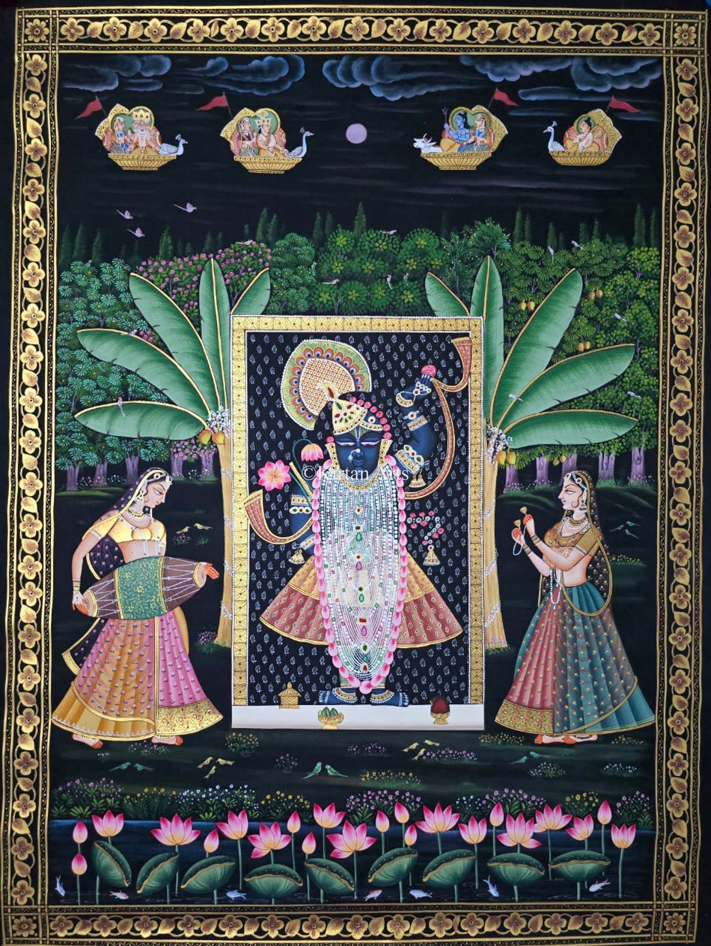 Shrinathji Pichwai Painting | Intricate Work | Dark Background | 4x3 ft