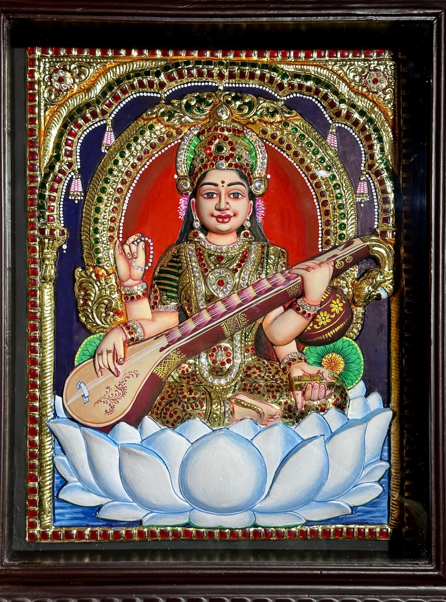 Tanjore Goddess Saraswati Embossed Painting 17"