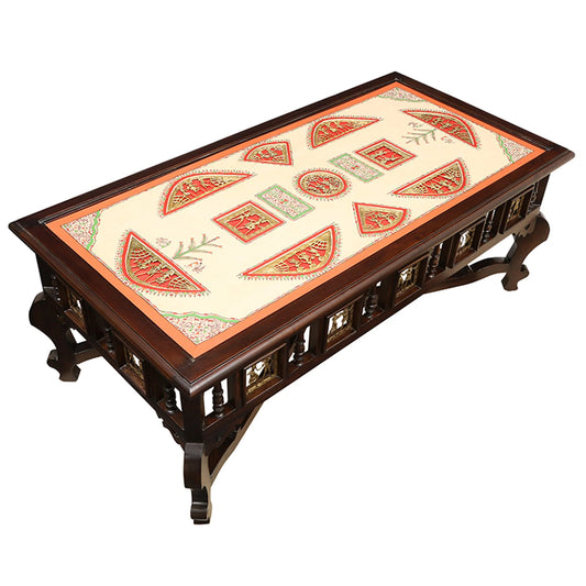 Vanam Solid Teakwood Rectangular Coffee Table – 48-Inch Traditional Walnut Finish Center Table with Dhokra Metalcraft and Hand-Painted Art