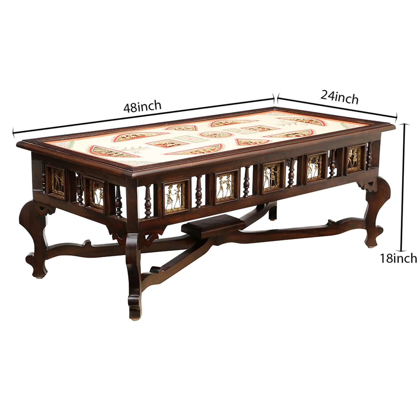 Vanam Solid Teakwood Rectangular Coffee Table – 48-Inch Traditional Walnut Finish Center Table with Dhokra Metalcraft and Hand-Painted Art