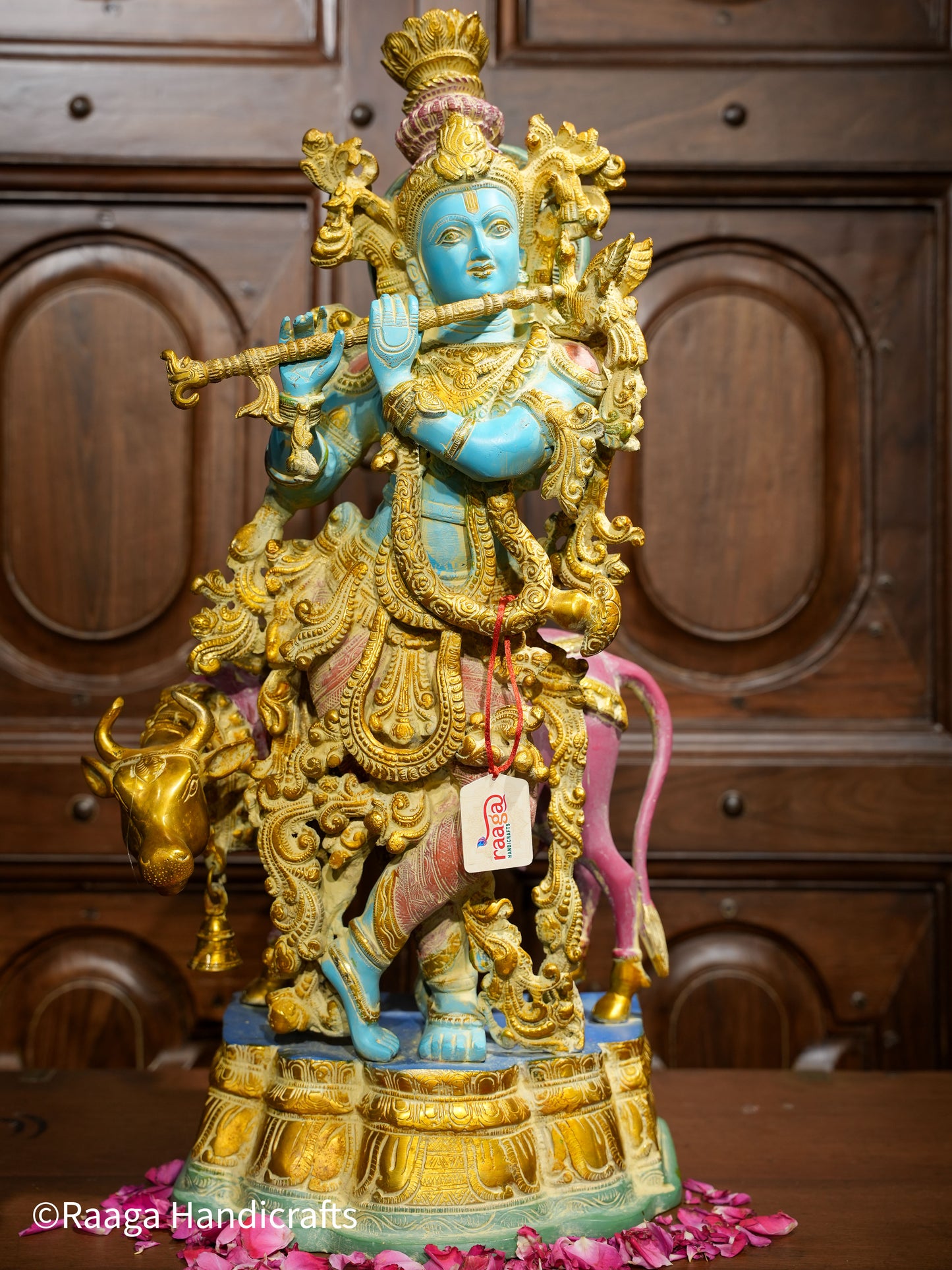 Brass Lord Krishna with Cow 26"